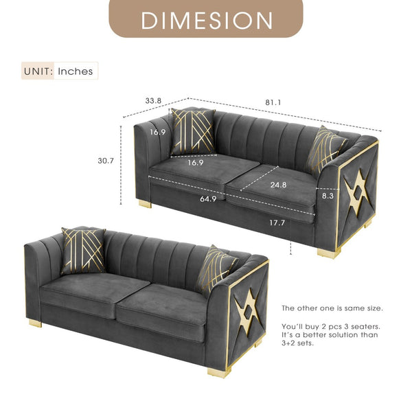 English Elm 81" Tufted Velvet Chesterfield Sofa with Gold Steel Legs for Elegant Living Rooms Gray W1191S00073