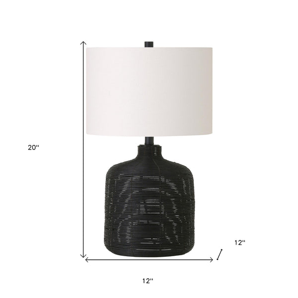 Homeroots 20" Black Rattan Table Lamp With White Drum Shade   524402