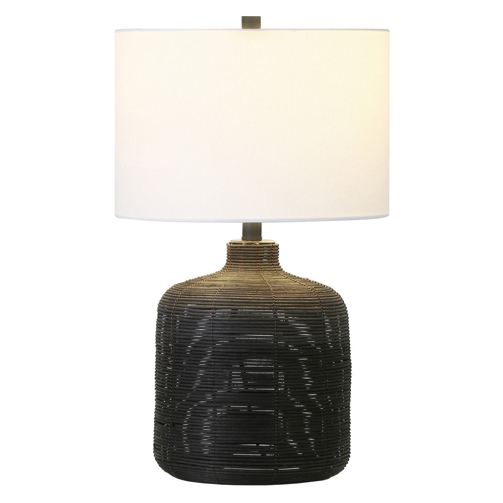 Homeroots 20" Black Rattan Table Lamp With White Drum Shade   524402