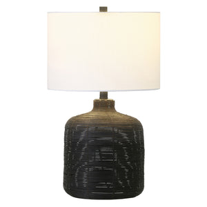 Homeroots 20" Black Rattan Table Lamp With White Drum Shade   524402