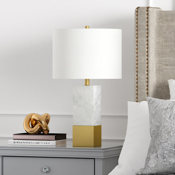 Homeroots 21" Gold And White Marble Table Lamp With White Drum Shade   524411
