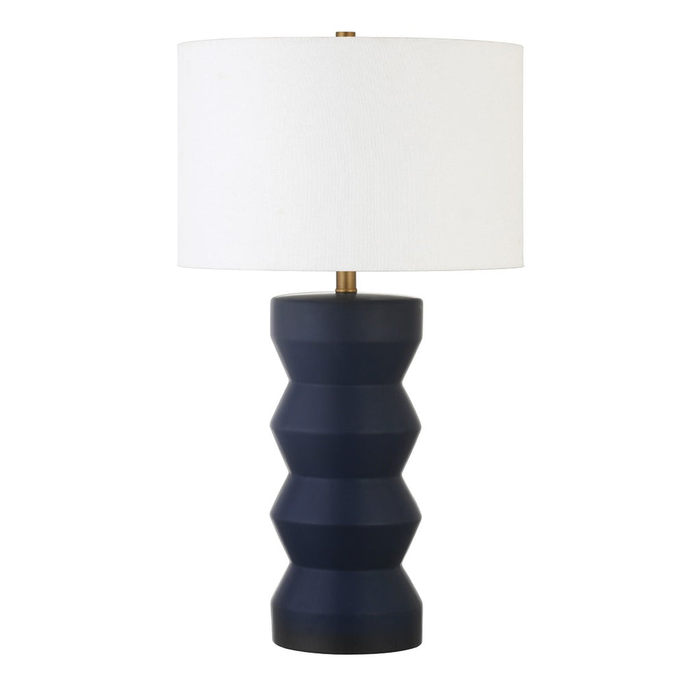 HomeRoots 28" Navy Blue Ceramic Table Lamp – Modern Design with White Shade for Stylish Ambiance and Versatility 524415