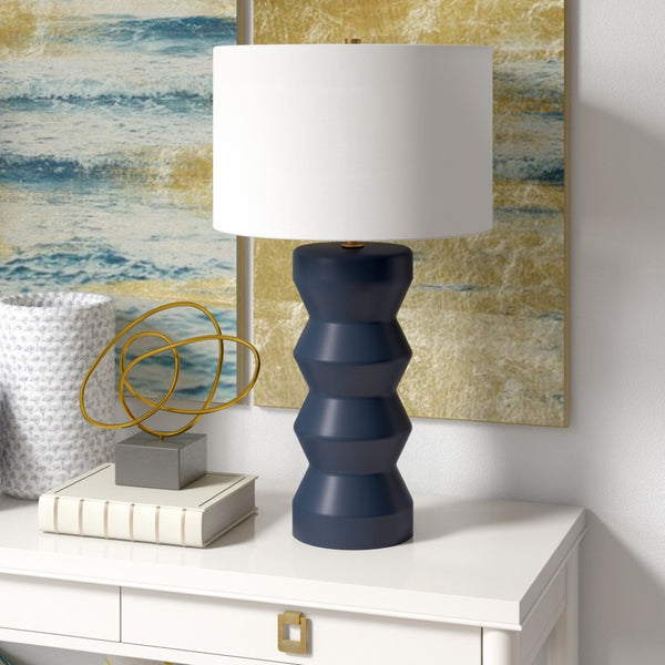 HomeRoots 28" Navy Blue Ceramic Table Lamp – Modern Design with White Shade for Stylish Ambiance and Versatility 524415