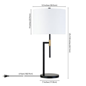 Homeroots 25" Black And Gold Metal Table Lamp With White Drum Shade   524424
