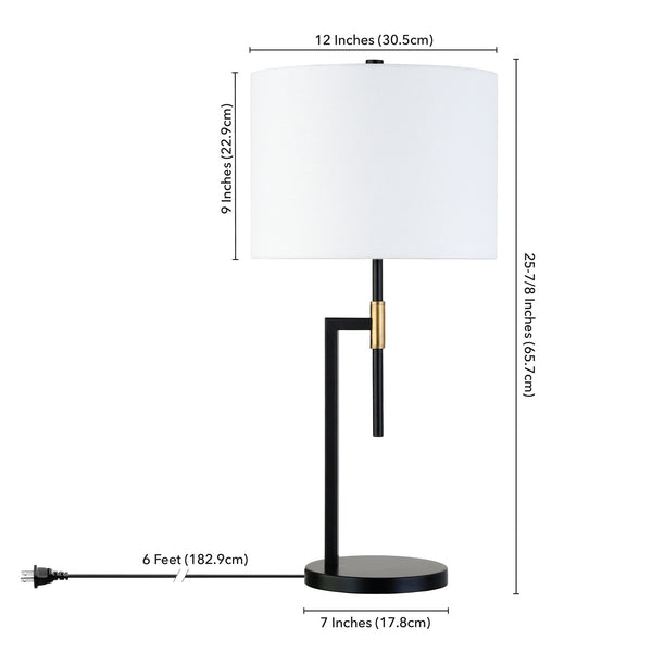 Homeroots 25" Black And Gold Metal Table Lamp With White Drum Shade   524424