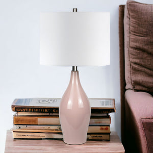Homeroots 28" Dusty Rose Porcelain Cylinder Table Lamp With White Drum Shade   524431