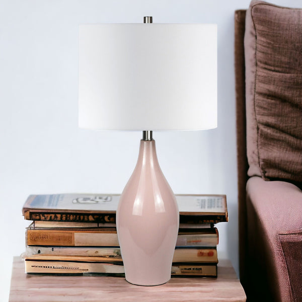 Homeroots 28" Dusty Rose Porcelain Cylinder Table Lamp With White Drum Shade   524431