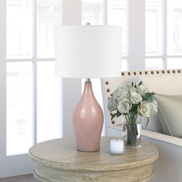 Homeroots 28" Dusty Rose Porcelain Cylinder Table Lamp With White Drum Shade   524431