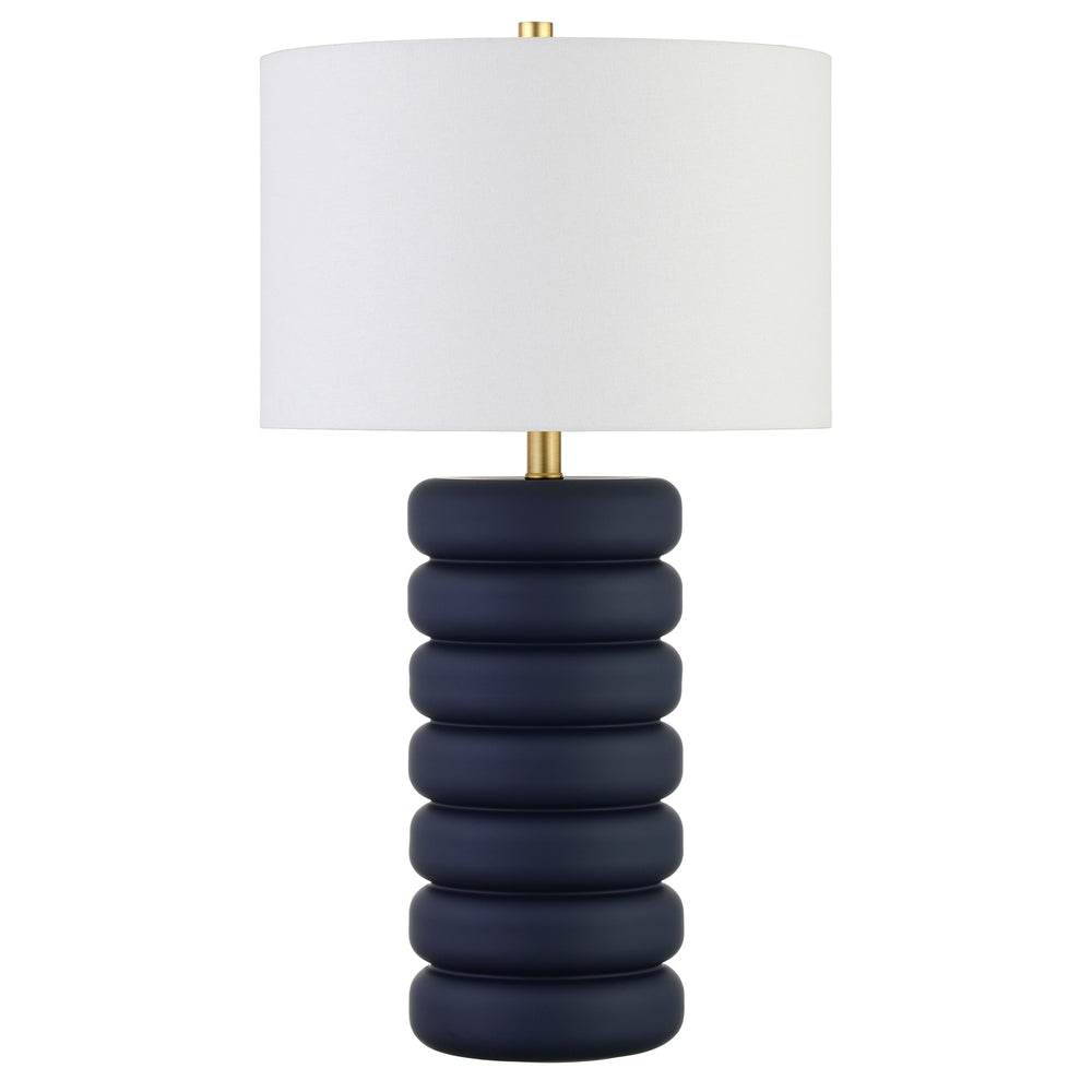 Homeroots 25" Navy Blue Ceramic Table Lamp With White Drum Shade   524441