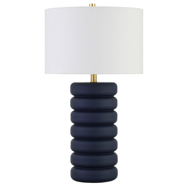 Homeroots 25" Navy Blue Ceramic Table Lamp With White Drum Shade   524441
