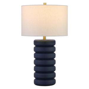 Homeroots 25" Navy Blue Ceramic Table Lamp With White Drum Shade   524441