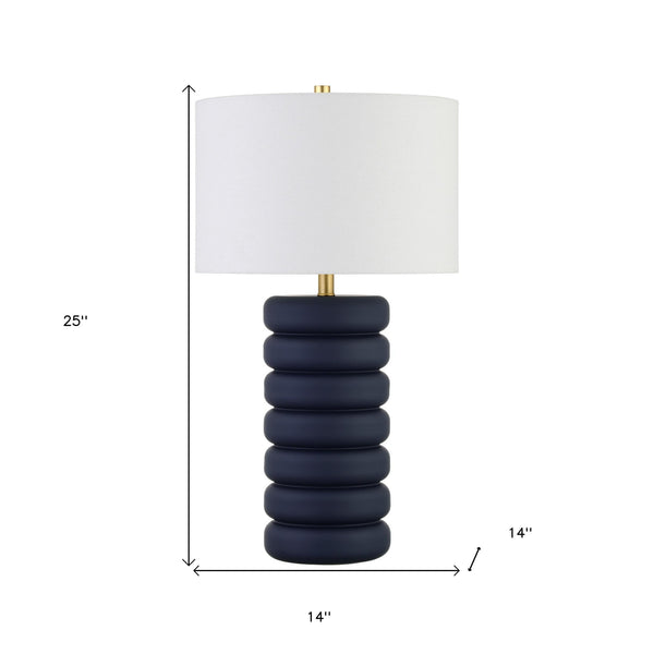 Homeroots 25" Navy Blue Ceramic Table Lamp With White Drum Shade   524441