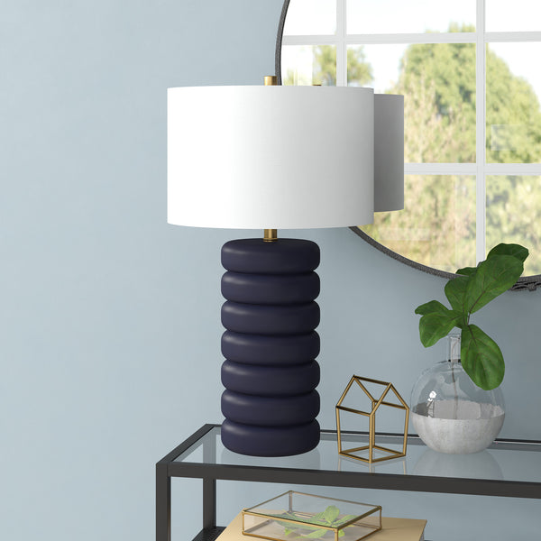 Homeroots 25" Navy Blue Ceramic Table Lamp With White Drum Shade   524441