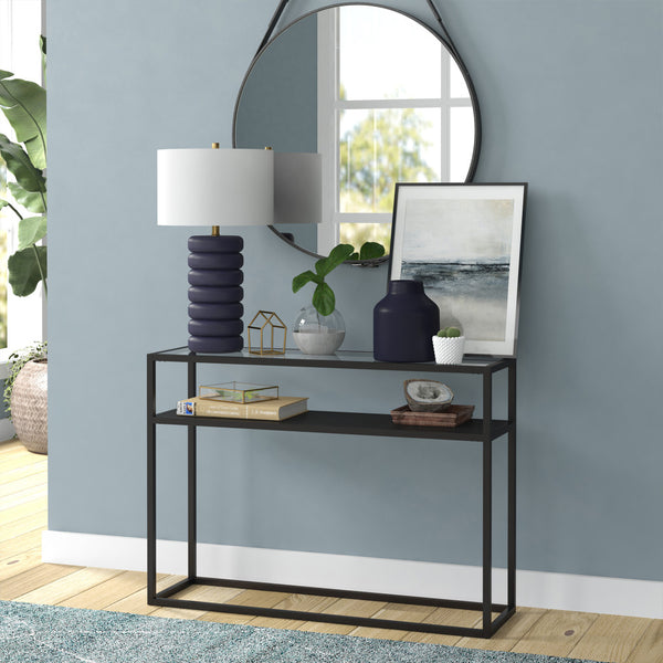 Homeroots 25" Navy Blue Ceramic Table Lamp With White Drum Shade   524441