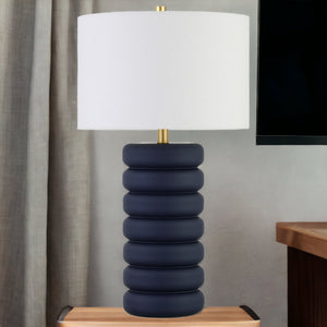 Homeroots 25" Navy Blue Ceramic Table Lamp With White Drum Shade   524441