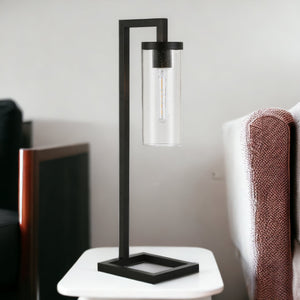 Homeroots 26" Black Metal Arched Table Lamp With Clear Seeded Cylinder Shade   524450