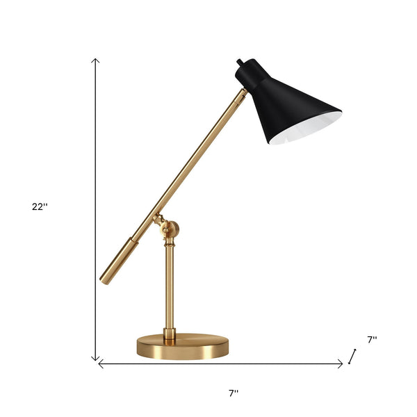 Homeroots 22" Brass Metal Desk Table Lamp With Black Cone Shade   524468