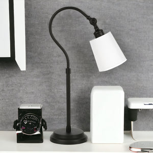 Homeroots 25" Black Metal Arched Table Lamp With White Drum Shade   524479