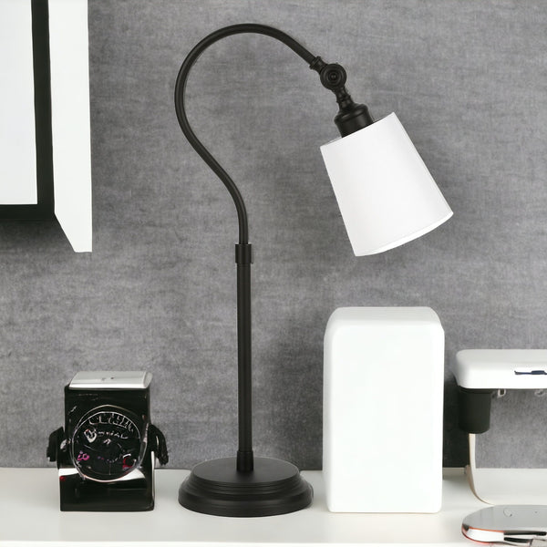Homeroots 25" Black Metal Arched Table Lamp With White Drum Shade   524479