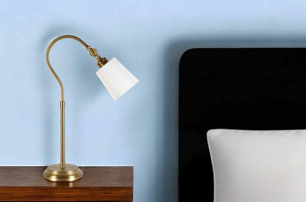 Homeroots 25" Brass Metal Arched Table Lamp With White Drum Shade   524480