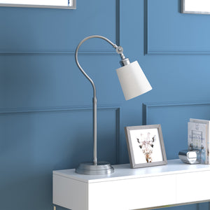 Homeroots 25" Nickel Metal Arched Table Lamp With White Drum Shade   524481