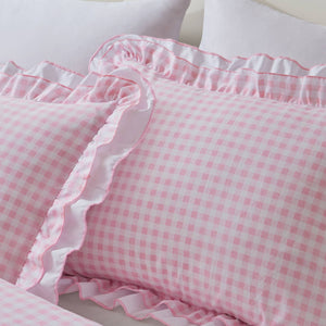 English Elm 3-piece Cottage Gingham Comforter Set with Ruffle Trim and Round Throw Pillow Pink B035P463187