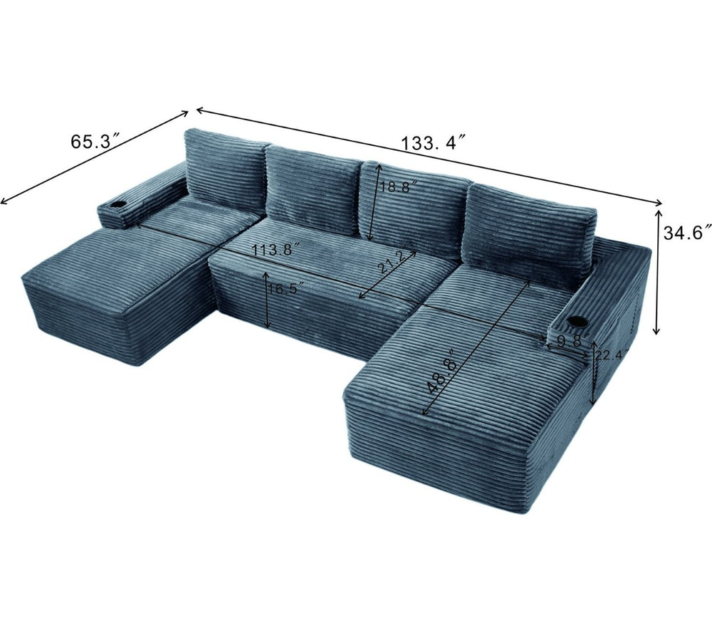 English Elm Compressible Corduroy U-shaped Sectional Cloud Sofa Modular Living Room Couch Gray W5515S00028