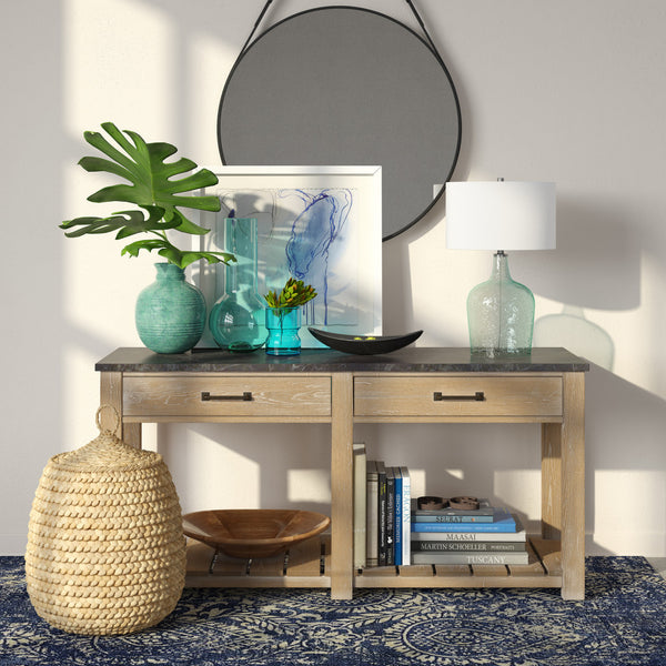 Homeroots 24" Blue Glass Gourd Table Lamp Coastal With White Drum Shade   524510