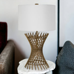 Homeroots 25" Antiqued Brass Metal Adjustable Table Lamp With White Drum Shade   524524