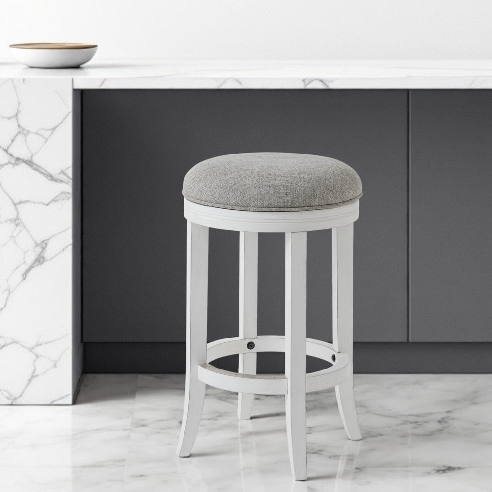 Homeroots 25" Gray And Antiqued White Solid Wood Swivel Backless Counter Height Bar Chair   524530