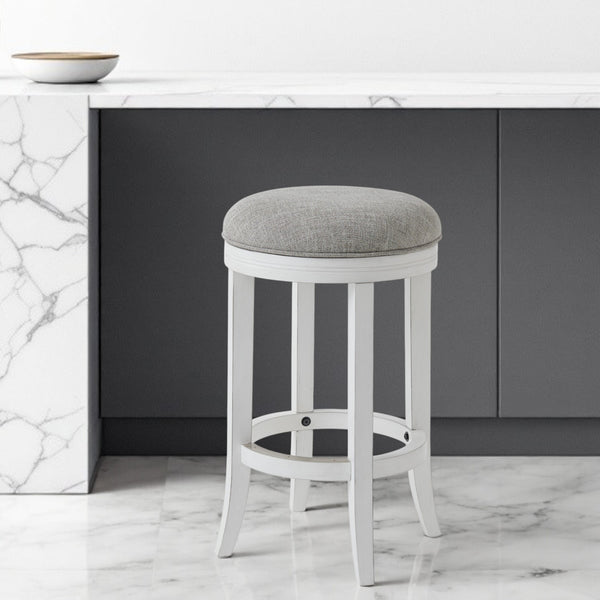 Homeroots 25" Gray And Antiqued White Solid Wood Swivel Backless Counter Height Bar Chair   524530