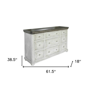 Homeroots 62" Gray And Ivory Solid Wood Nine Drawer Triple Dresser  Solid Wood 524538