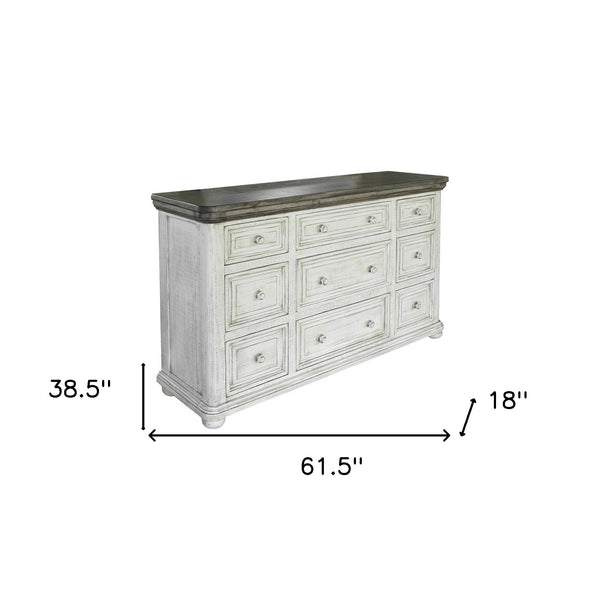 Homeroots 62" Gray And Ivory Solid Wood Nine Drawer Triple Dresser  Solid Wood 524538