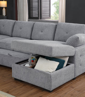 English Elm Nyhan Upholstered Corner Sectional with Pull-Out Loveseat and Storage Chaise, Chenille Elegance Light Gray B102S00079