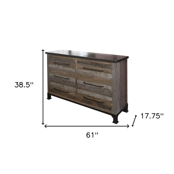 Homeroots 61" Brown Solid Wood Six Drawer Double Dresser  Solid Wood 524543