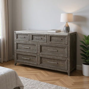HomeRoots 62" Gray Solid Wood Seven Drawer Triple Dresser - Stylish Storage Solution with Faux Marble Top Finish 7 524546