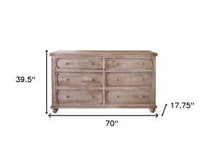Homeroots 70" Natural Solid Wood Six Drawer Double Dresser  Solid Wood 524553