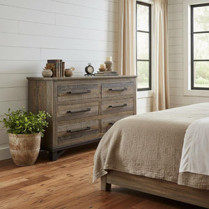 56 Inch Solid Wood Double Dresser with Six Drawers for Bedroom Storage