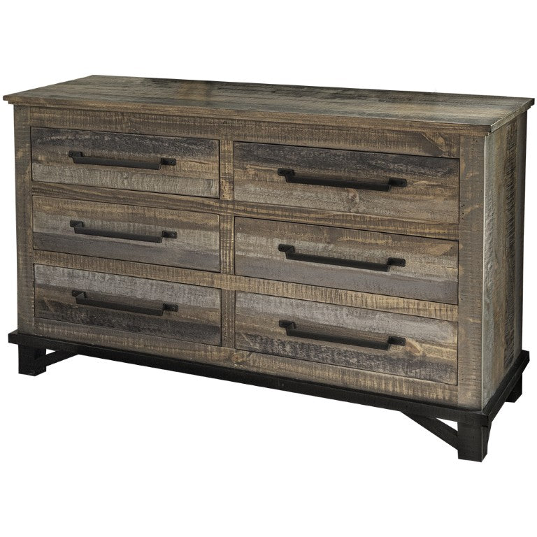 HomeRoots 56 Inch Solid Wood Double Dresser with Six Drawers for Bedroom Storage 524558
