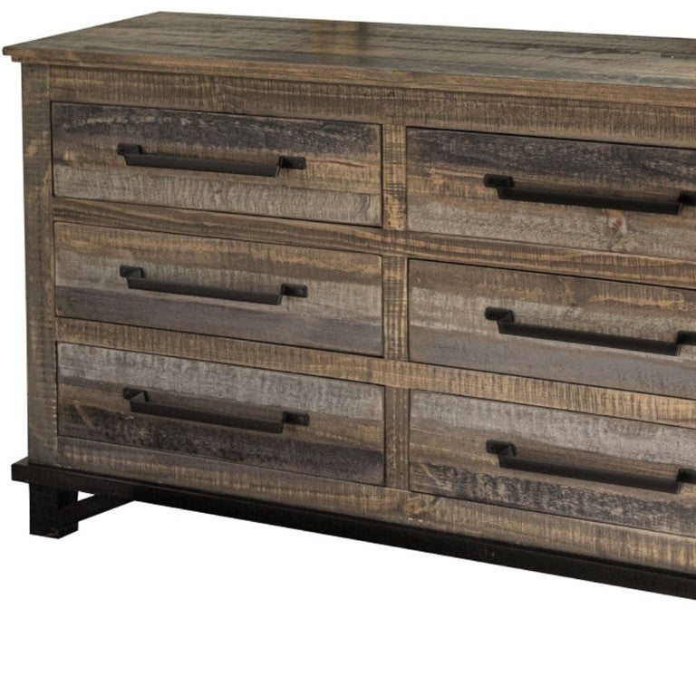 HomeRoots 56 Inch Solid Wood Double Dresser with Six Drawers for Bedroom Storage 524558