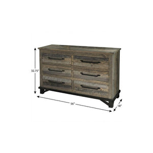 56 Inch Solid Wood Double Dresser with Six Drawers for Bedroom Storage