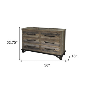 Homeroots 56" Brown Solid Wood Six Drawer Double Dresser  Solid Wood 524558