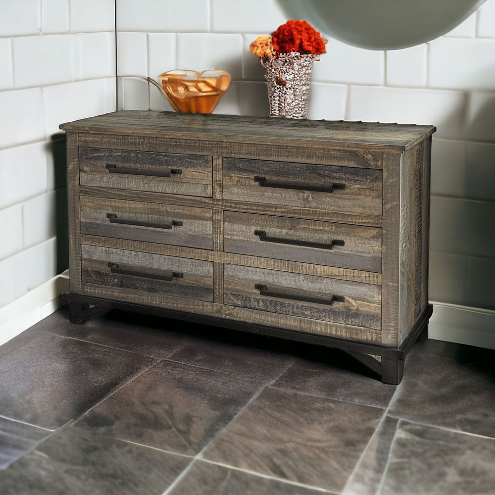 Homeroots 56" Brown Solid Wood Six Drawer Double Dresser  Solid Wood 524558