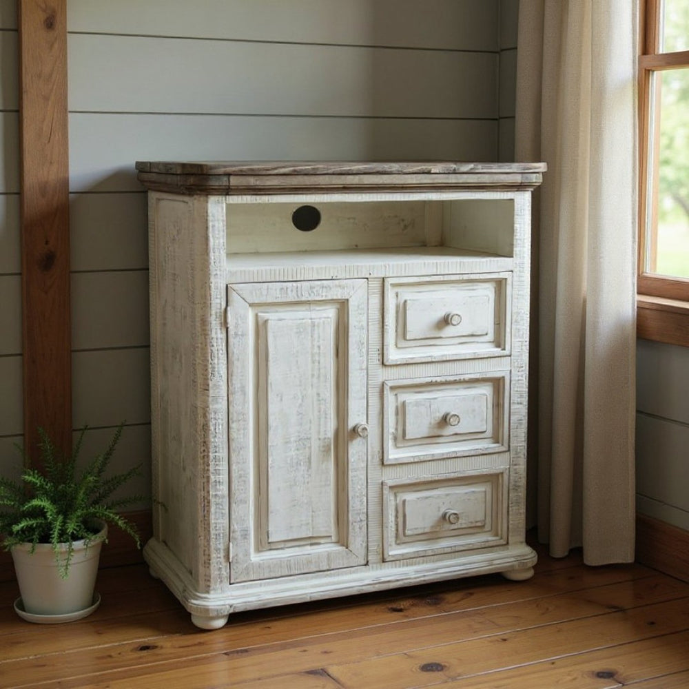 HomeRoots 39" Off White Solid Wood Three Drawer Gentleman’s Chest – Stylish Storage for Compact Living Spaces 524573