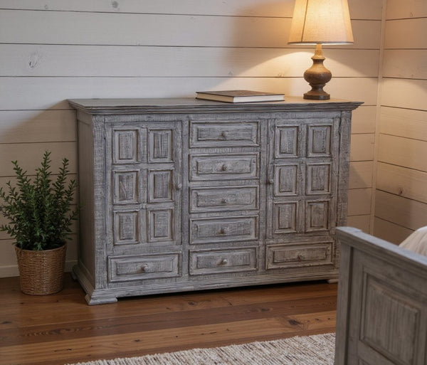HomeRoots 69" Gray Solid Wood Triple Dresser – Timeless Rustic Charm with Ample Storage for Your Bedroom Essentials 7 524581