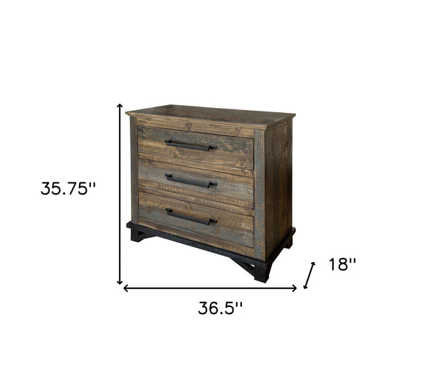 Homeroots 37" Brown And Gray Solid Wood Three Drawer Chest  Solid Wood 524595