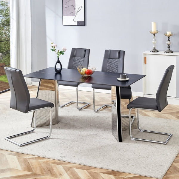 English Elm Table And Chair Set - Luxurious Black Marble-Patterned Top With Stylish Stainless Steel Legs & 4 Pu Chairs W1151S01961-GIGA