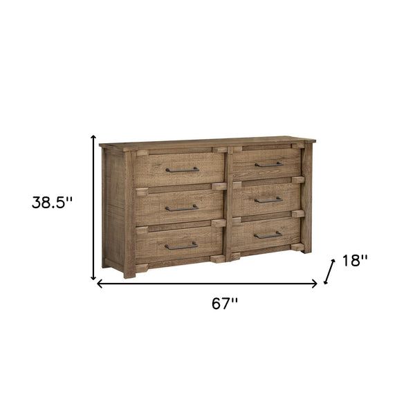 Homeroots 67" Natural Solid Wood Six Drawer Double Dresser  Solid Wood 524605