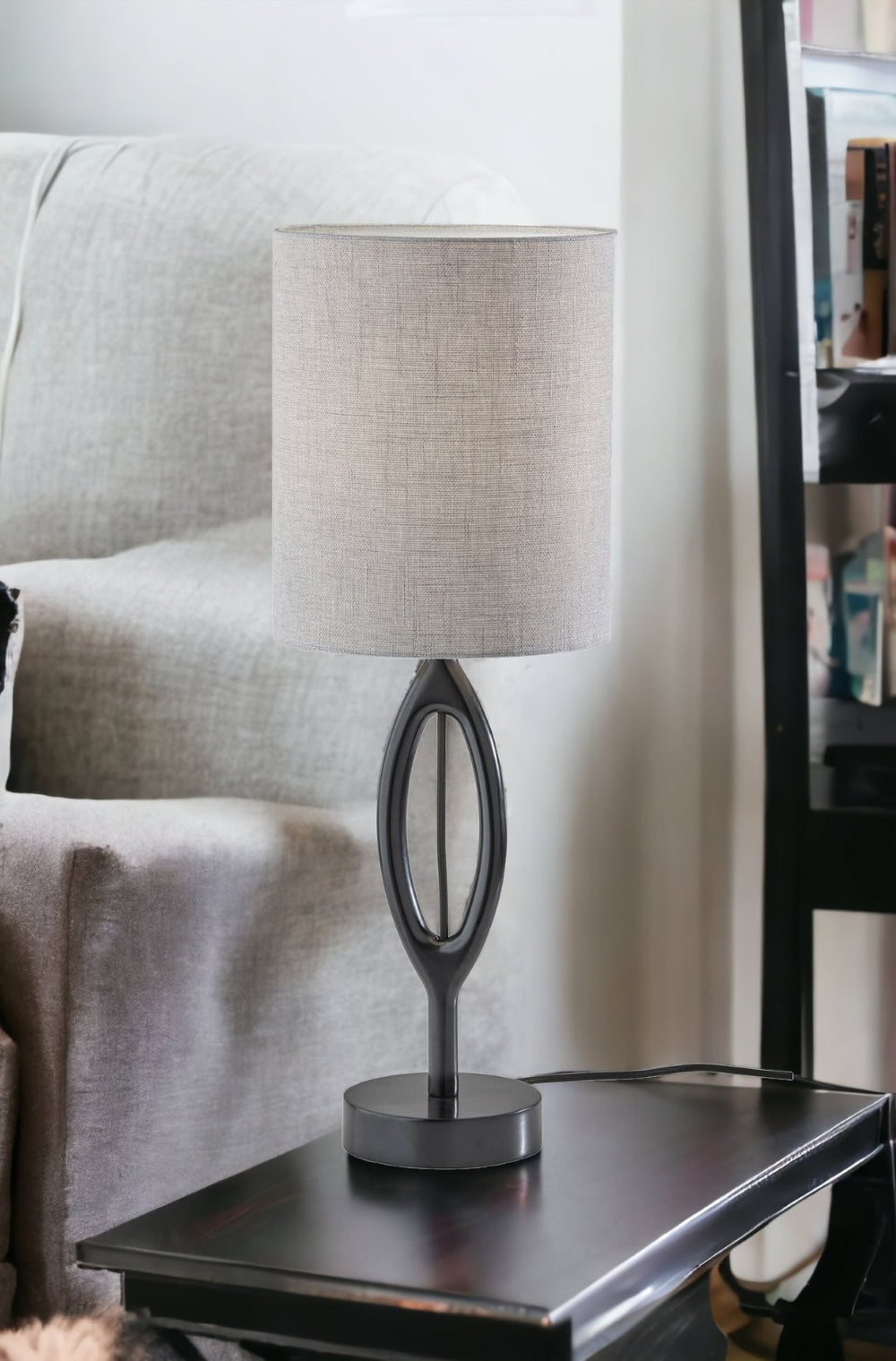 HomeRoots 28" Modern Black Solid Wood Table Lamp with Gray Drum Shade for Contemporary Home Decor Style 524620