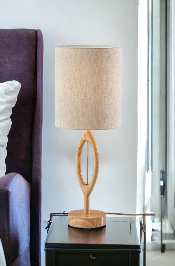HomeRoots 28" Elegant Natural Solid Wood Table Lamp with Beige Drum Shade for Cozy Ambient Lighting 524621